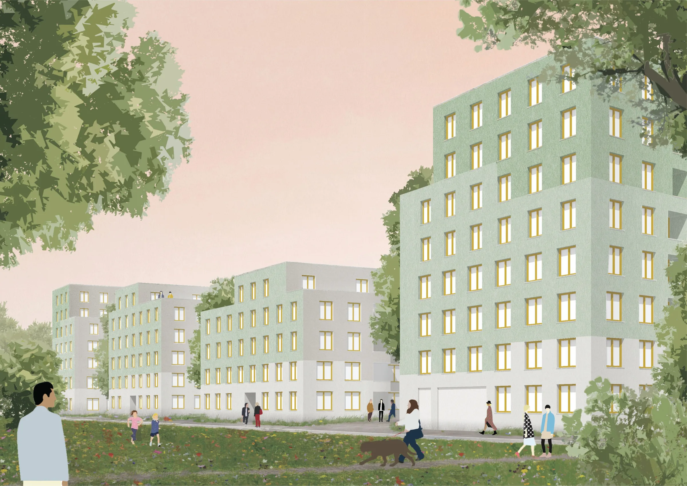 Straßenperspektive der Wohnanlage Freiham WA12 in München — Reihe mintgrün verputzter Stadthäuser mit gelben Fensterrahmen über hellem Sockel, ein höheres Eckhaus am parkartigen Freiraum